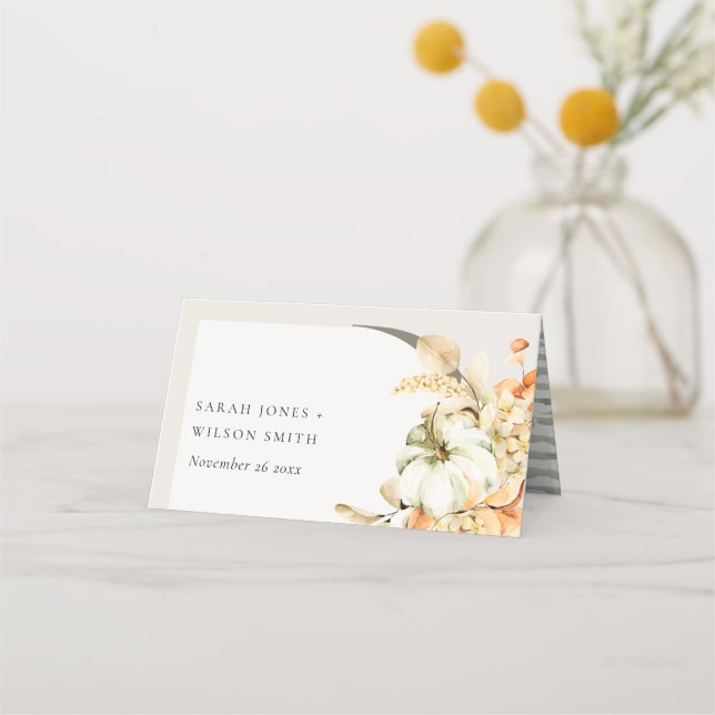 Rustic Fall Pumpkin Leafy Arch Floral Wedding Place Card (Front)