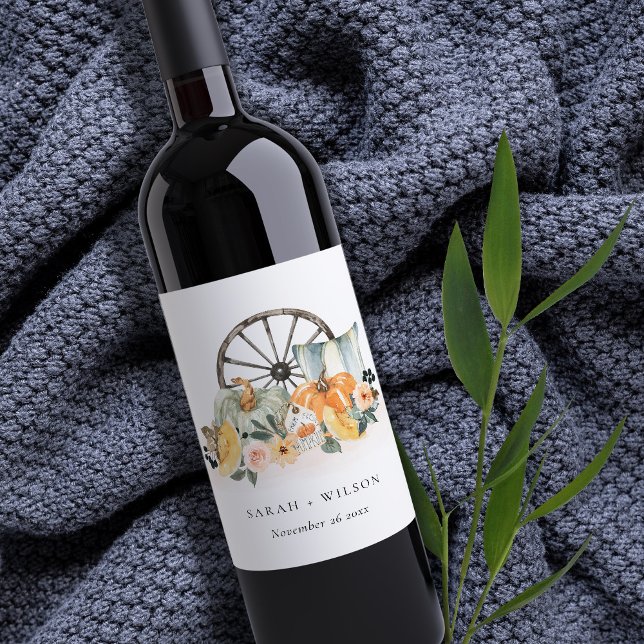 Rustic Fall Pumpkin Leafy Floral Wheel Wedding Wine Label (Creator Uploaded)