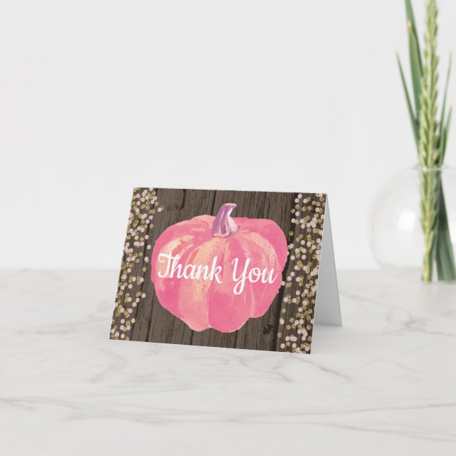 Rustic Fall Pumpkin Pink Gold Glitter Thank You Card (Front)