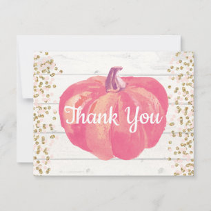 Rustic Fall Pumpkin Pink Gold Glitter Thank You Card
