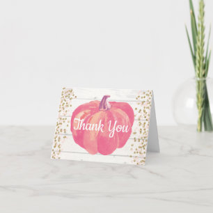 Rustic Fall Pumpkin Pink Gold Glitter Thank You Card