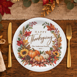 Rustic Fall Pumpkin Sunflower Family Thanksgiving Paper Plate