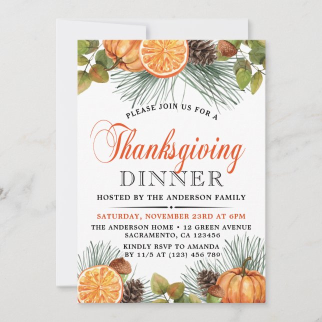 Rustic Fall Pumpkin Thanksgiving Dinner Invitation (Front)