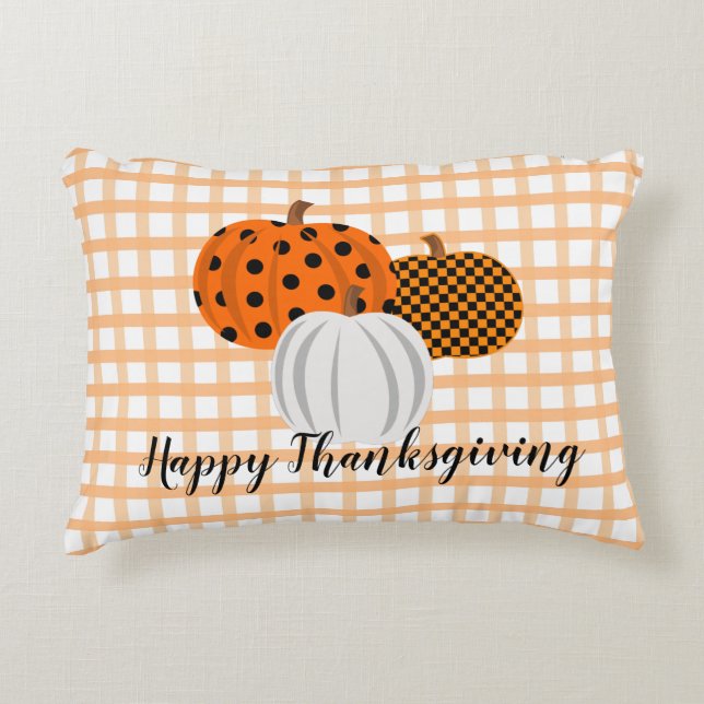 Rustic Fall Pumpkins Happy Thanksgiving Plaid Decorative Cushion (Front)
