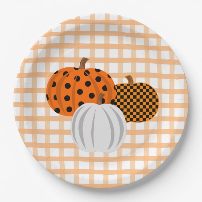 Rustic Fall Pumpkins Orange Plaid Thanksgiving Paper Plate (Front)