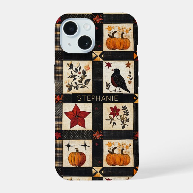 Rustic Fall Quilt Pattern | Farmhouse Patchwork iPhone 15 Case (Back)