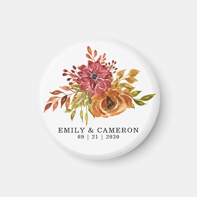 Rustic Fall Red Orange Floral Wedding Magnet (Front)
