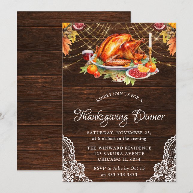 Rustic Fall Roasted Turkey Wood Thanksgiving Invitation (Front/Back)