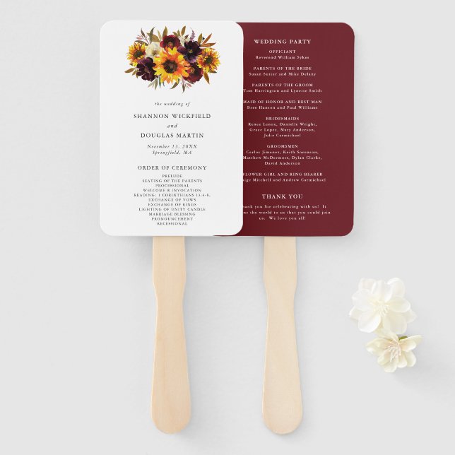 Rustic Fall Roses Sunflower Wedding Program Hand Fan (Front and Back)