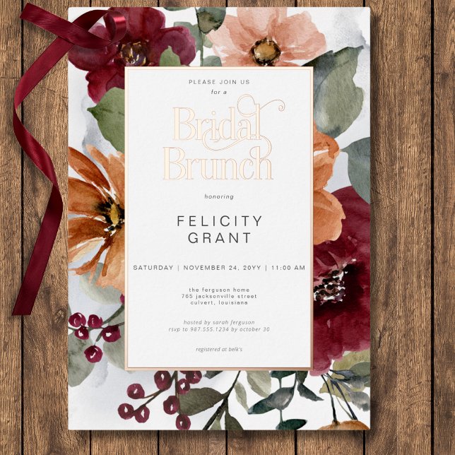Rustic Fall Rust & Burgundy Floral Bridal Brunch (Rustic Fall Rust & Burgundy Floral Bridal Brunch Foil Invitation)
