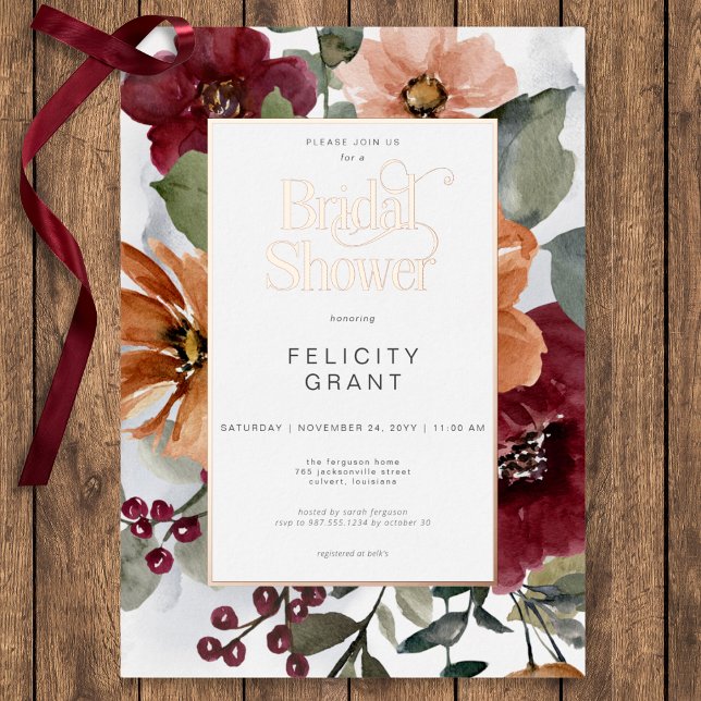Rustic Fall Rust & Burgundy Floral Bridal Shower (Rustic Fall Rust & Burgundy Floral Bridal Shower Foil Invitation)