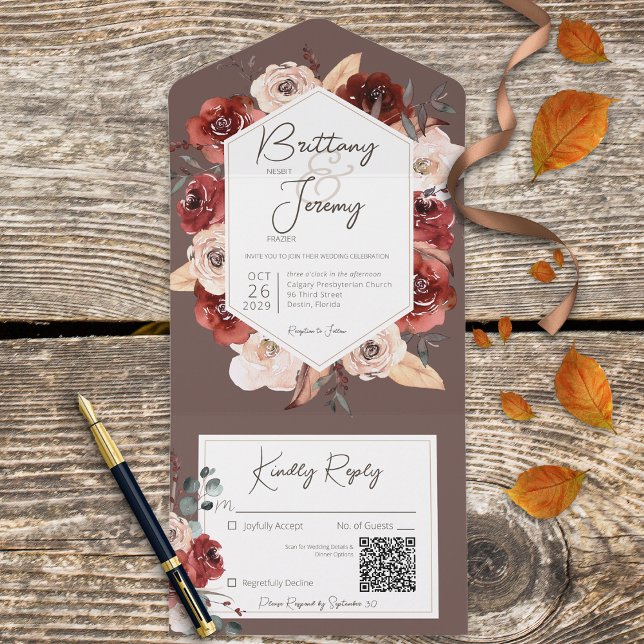 Rustic Fall Rust Floral on Brown QR Code All In One Invitation (Creator Uploaded)