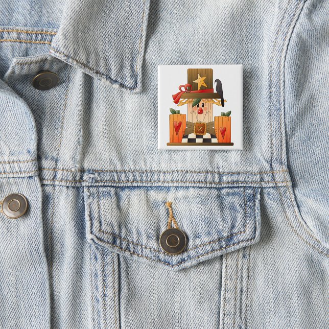 Rustic Fall Scarecrow with Pumpkins and Crow  15 Cm Square Badge (Creator Uploaded)