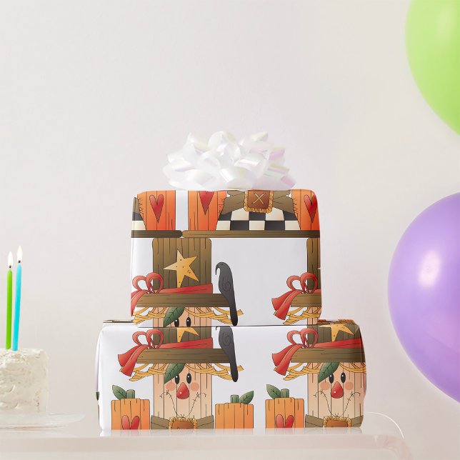 Rustic Fall Scarecrow with Pumpkins and Crow  Wrapping Paper (Creator Uploaded)