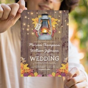 Rustic Fall String Lights Autumn Leaves Wedding Invitation