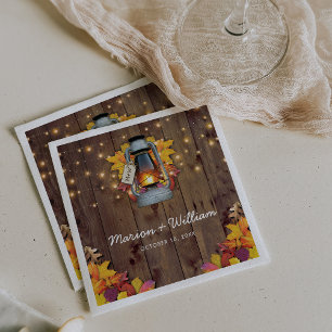 Rustic Fall String Lights Autumn Leaves Wedding Napkin