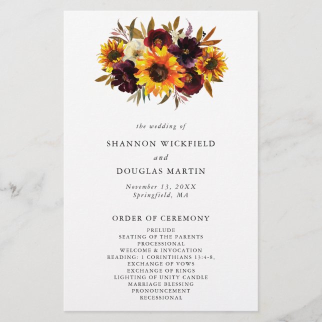 Rustic Fall Sunflower Budget Wedding Program Flyer (Front)