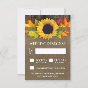 Rustic Fall Sunflower + Burlap Wedding RSVP Cards