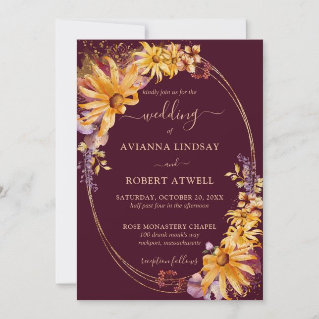 Rustic Fall Sunflower Floral Burgundy Gold Wedding Invitation (Front)