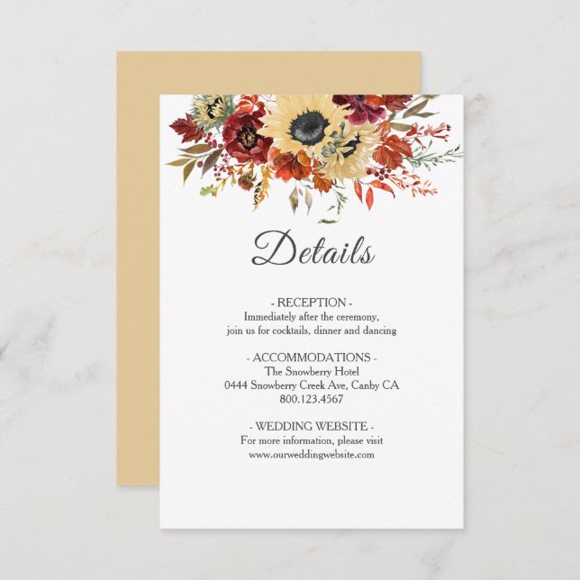 Rustic Fall Sunflower Floral Pumpkin Wedding Enclosure Card (Front/Back)