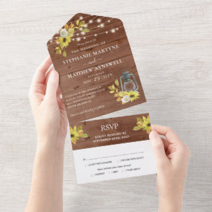 Rustic Fall Sunflower Lantern Lights Wood Wedding All In One Invitation
