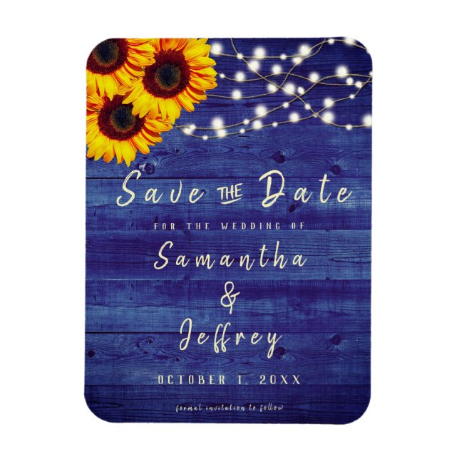 Rustic Fall Sunflower Wedding Blue Save the Date Magnet (Vertical)