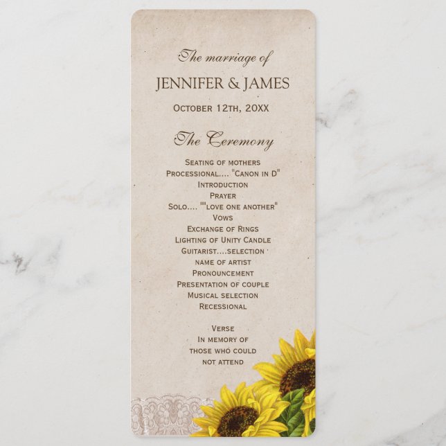 Rustic Fall Sunflower Wedding Program Programme (Front)