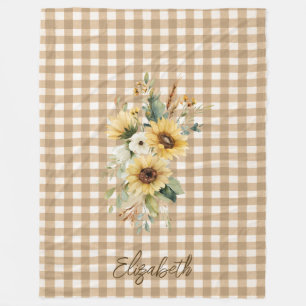 Rustic Fall Sunflowers Brown Gingham Personalised  Fleece Blanket