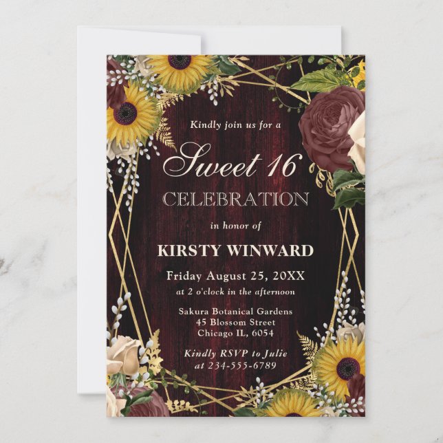 Rustic Fall Sunflowers Wood and Frame Sweet 16 Invitation (Front)