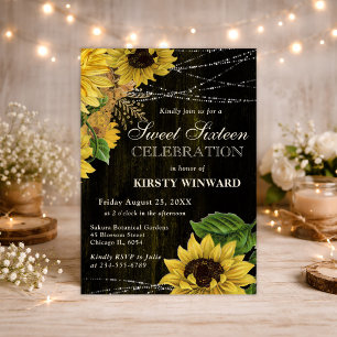 Rustic Fall Sunflowers Wood and Lights Sweet 16 Invitation