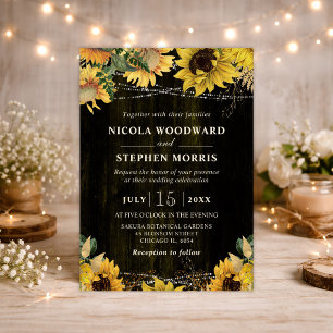 Rustic Fall Sunflowers Wood and Lights Wedding Invitation