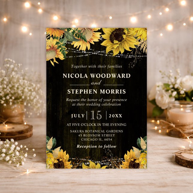 Rustic Fall Sunflowers Wood and Lights Wedding Invitation (Creator Uploaded)