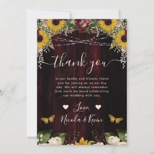Rustic Fall Sunflowers Wood and Lights Wedding Thank You Card
