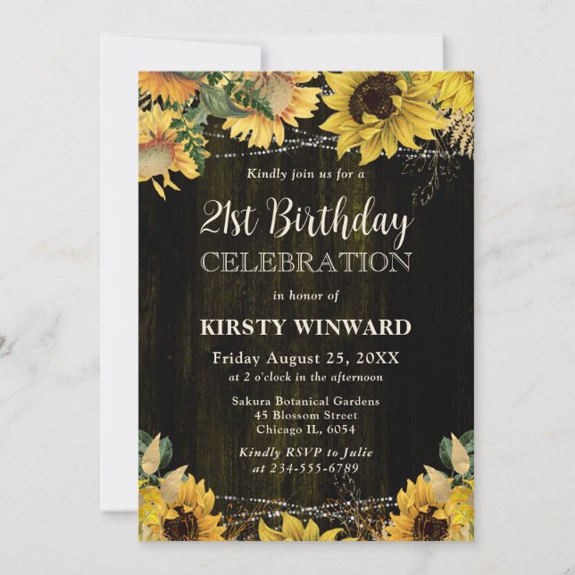 Rustic Fall Sunflowers Wood Lights 21st Birthday Invitation (Front)