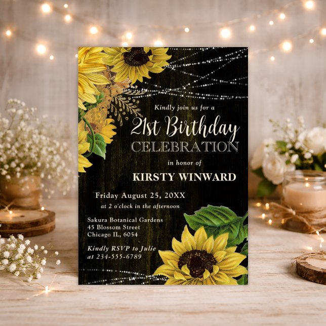 Rustic Fall Sunflowers Wood Lights 21st Birthday Invitation (Creator Uploaded)