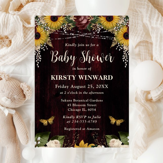 Rustic Fall Sunflowers Wood Lights Baby Shower Invitation (Creator Uploaded)