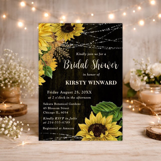 Rustic Fall Sunflowers Wood Lights Bridal Shower Invitation (Creator Uploaded)