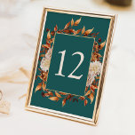 Rustic Fall Table Number<br><div class="desc">Rustic Fall Table Number. Add a luxe autumn touch to your reception with these table numbers, featuring shimmering copper-toned watercolor leaves set against a deep teal backdrop. The warm palette features accents of terracotta, burnt orange, and cream florals, creating a beautifully balanced fall look. Whether you're styling long farm tables...</div>