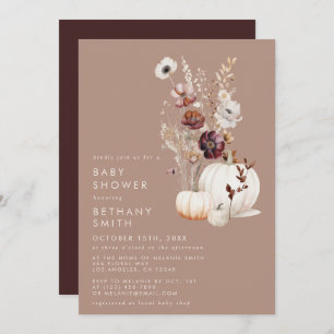 Rustic Fall Taupe Floral Pumpkin Baby Shower Invitation