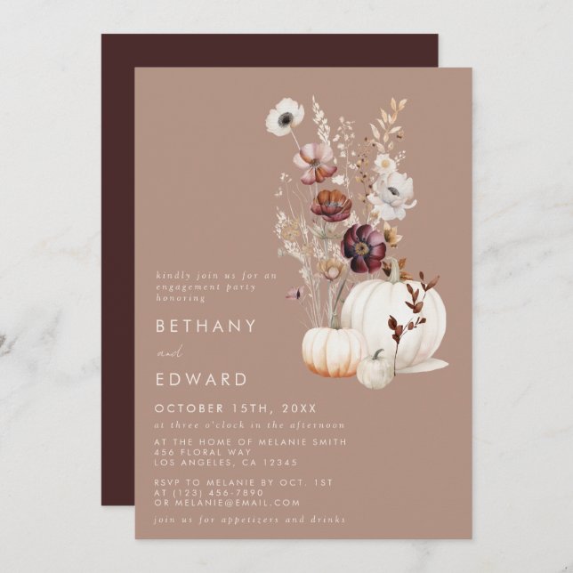 Rustic Fall Taupe Floral Pumpkin Engagement Party Invitation (Front/Back)