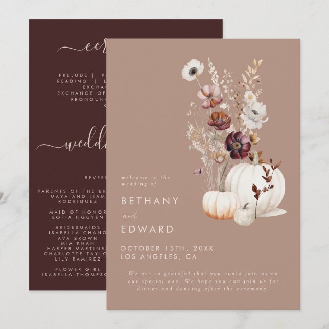 Rustic Fall Taupe Floral Pumpkin Wedding Programme (Front/Back)