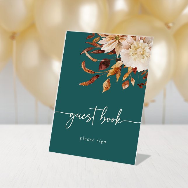 Rustic Fall Teal Pedestal Sign (Rustic Fall Floral Teal Guest Book Table Top Pedestal Sign
by Painted Paperie)