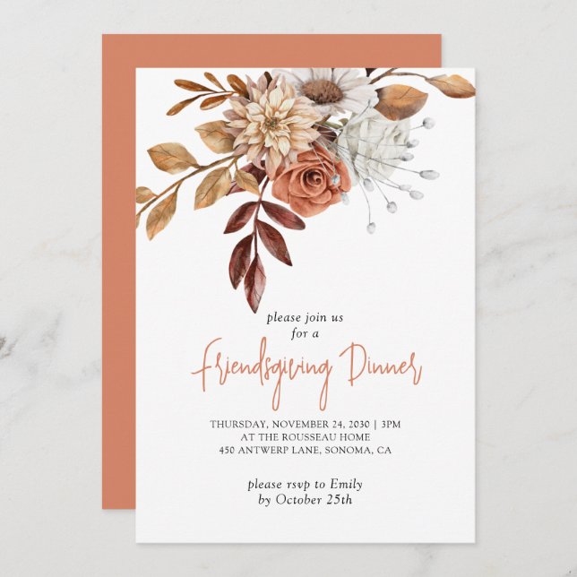 Rustic Fall Terracotta Bisque Floral Friendsgiving Invitation (Front/Back)