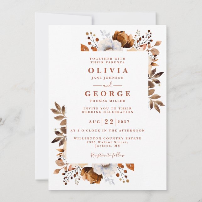 Rustic Fall Terracotta Floral Modern Wedding Invitation (Front)
