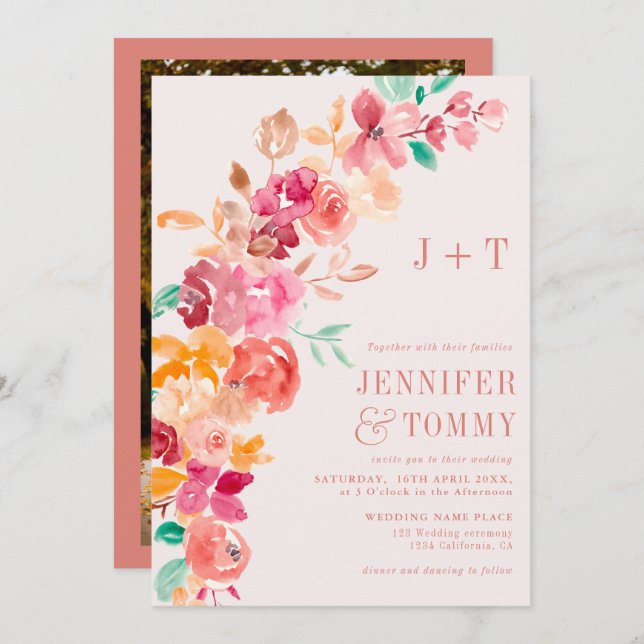 Rustic fall terracotta floral photo wedding invitation (Front/Back)