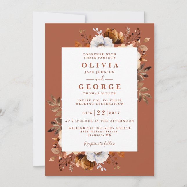 Rustic Fall Terracotta Floral QR Code Wedding Invitation (Front)