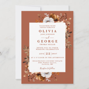 Rustic Fall Terracotta Floral QR Code Wedding Invitation