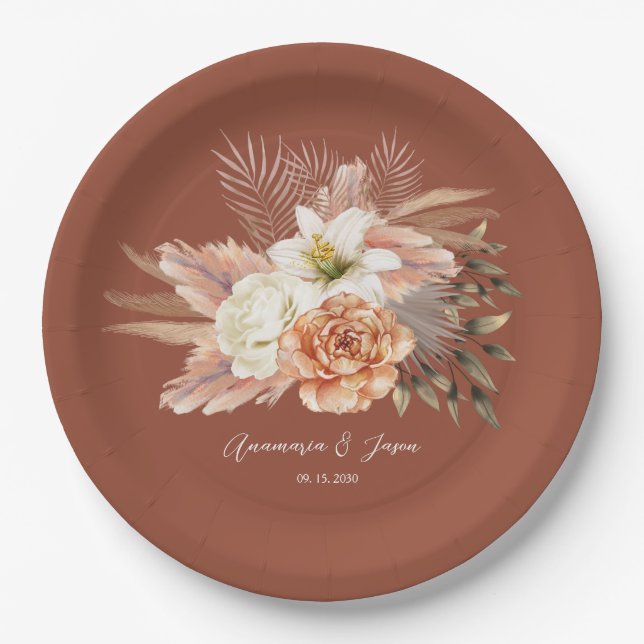 Rustic Fall Terracotta Floral Wedding Paper Plate (Front)