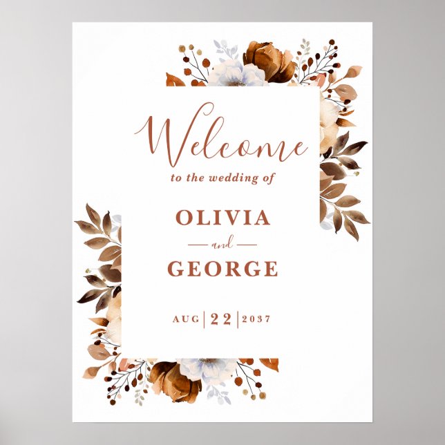Rustic Fall Terracotta Floral Wedding Welcome Sign (Front)
