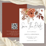 Rustic Fall Terracotta Florals QR Code Wedding Save The Date<br><div class="desc">Rustic Fall Terracotta Florals QR Code Wedding. Gorgeous florals with a bohemian vibe in autumn shades of terracotta and cream and an elegant set script for Save The Date. The rest of the text you can easily personalise with your details. Add your QR code to your wedding website on the...</div>
